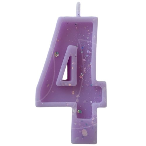 Свеча декоративная Цифра "4" Сиреневая с блёстками 