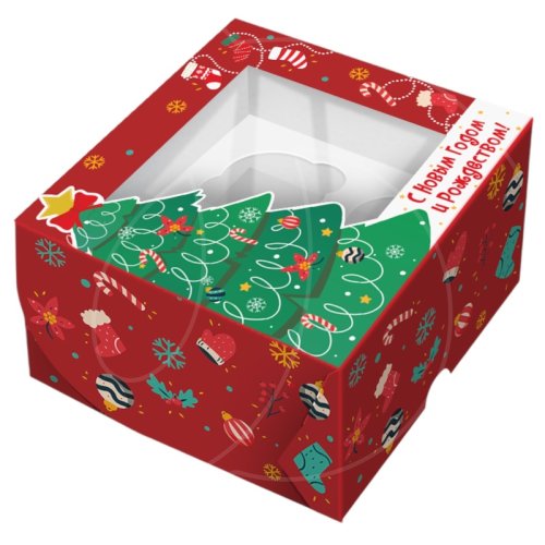 Коробка на 4 капкейка с окном "Праздничная ель" КУ-825, 10686385