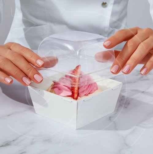 Коробка для бенто-торта и моти белая 13х13х9,5 см дно 11х11 см SMART PACK 550 - W + Lid SmartPack 550 domе, ECO SmartPack 550 box, ForG SMART PACK Dome L W 112*112*85