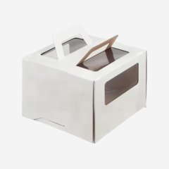 Коробка для торта с окном 7,5 см и ручкой белая 26х26х20 см 9095459